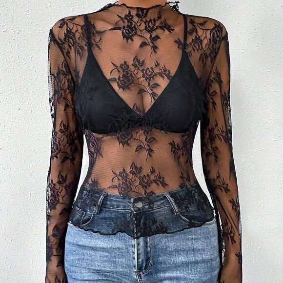 Black Sexy Women's Floral Lace Collar Long Sleeve Sheer Blouse - Picture 5 of 6